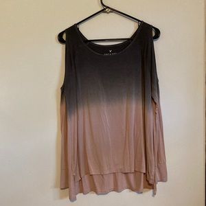 AEO Soft & Sexy T Long Sleeve High Low Off the Shoulder Ombre Gray/Pink Size XS